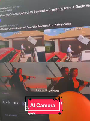 The cover image displays a split-screen view of a video. On the left side, there are two video excerpts showing a person in front of a house and two individuals recreating a famous scene from 'Titanic'. On the right side, there are the same two shots from the left but they have been altered. In the foreground, there is an orange circle with the text 'AI Camera' laid over it in a white and red rectangle.