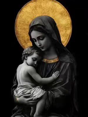 A digitally painted image depicting the Virgin Mary holding the Christ child in a tender embrace. Both figures have serious expressions and are in shades of gray, with the Virgin Mary draped in a dark hooded robe and a golden halo surrounding her head. The background is solid black, which makes the figures stand out. The overall composition evokes a sense of solemnity and reverence.