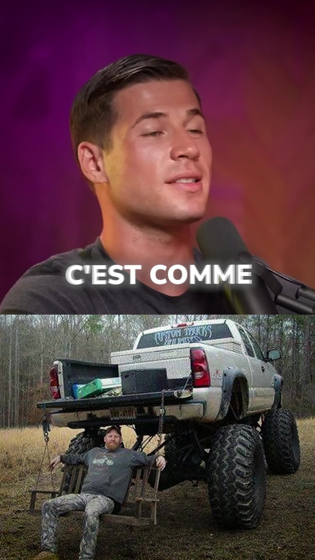 The image is split horizontally. The top half features a man in a dark shirt, looking to the side with a microphone in front of him against a gradient purple-orange background. Text overlayed in white says 'C'EST COMME.' The bottom half shows a lifted truck with a man sitting on a swing connected to the truck bed, set in a brown field.