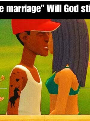 A cartoon-style image shows a black man in a red cap and white vest holding a woman. The man has a tattoo of a black unicorn on his right arm. The background is green.