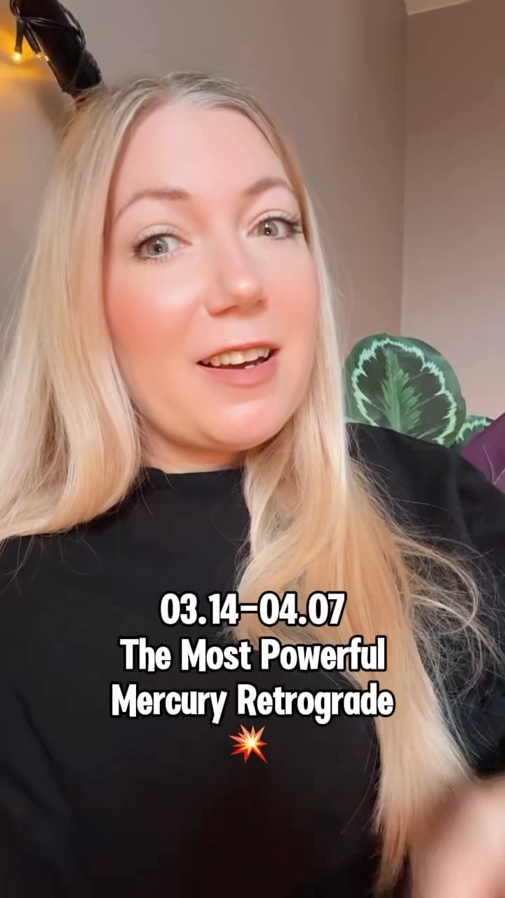 A woman with long blonde hair is centered in the frame, smiling and speaking. Text overlays appear below her, indicating the video's topic and dates. The background features muted tones and hints of a leafy plant and a pillow