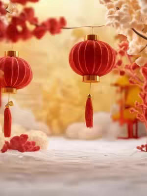 The image is a festive depiction of a Chinese New Year celebration. It presents two vibrant red lanterns hanging from a horizontal line, possibly a string or wire. The lanterns are the focal point, each with a round, bulbous shape and a tassel hanging from the bottom. The backdrop is a soft blend of yellow and orange hues, suggesting a warm, ambient lighting. In the background, there are blurred shapes that could be clouds, adding depth. There are also touches of red foliage and floral elements, adding a decorative touch. The overall impression is one of celebration and cultural richness, conveying a sense of joy and festivity associated with the holiday season.