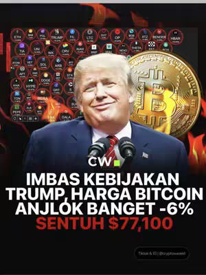 The cover image features a photoshopped image of Donald Trump in a suit, with a grid of cryptocurrency logos and a Bitcoin graphic overlayed behind him. Text at the bottom highlights the impact of Trump's policy on Bitcoin, noting a 6% drop and a price of $77,100. The style is a mix of a news graphic with crypto elements.