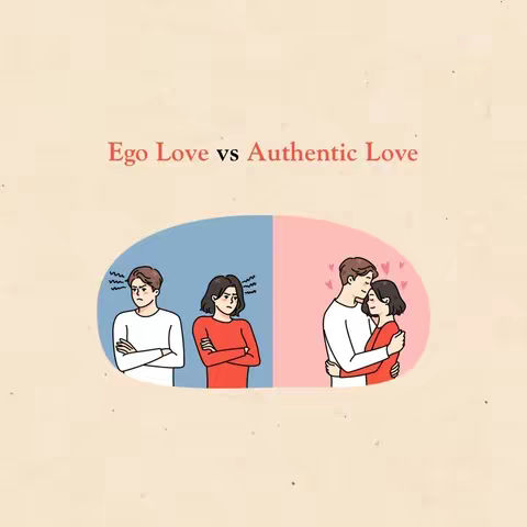 The image shows two divided sections within an oval shape. The left side, colored blue, depicts a couple, both with frowning expressions and arms crossed, with the man in a white shirt and the woman in a red top. Above their heads are jagged lines. On the right side, colored pink, is another couple embracing, and the couple is smiling and surrounded with hearts. Above this couple, the text 'Ego Love vs Authentic Love' is displayed.