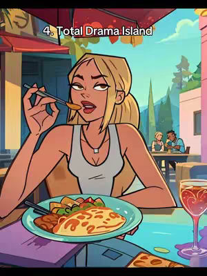 An animated image of a woman eating in a restaurant setting. She is blonde with a ponytail, wearing a white tank top, and is holding a spoon with food near her mouth. The background has a blurred view of a cityscape and other people at tables. The plate has food on it.