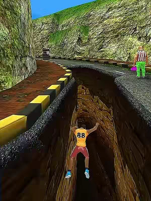 A 3D rendered image shows a figure climbing down a chasm in a road. The background features cliffs and a road, and a character in striped clothing is seen standing on the road. The main figure is wearing a yellow shirt with the number 88 on the back and red pants. The colors are bright and cartoonish.