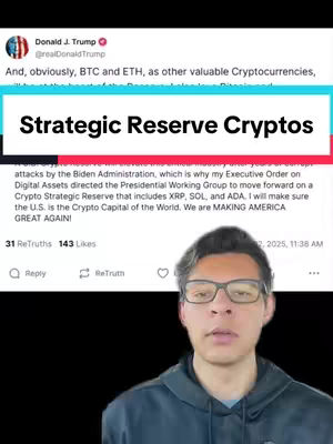 The image is a vertical composition featuring a man in the lower portion. Behind him, a screenshot of a tweet by Donald Trump takes up the upper half It shows a section of the tweet with the title "Strategic Reserve Cryptos," and text.