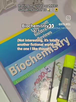 The cover image is a close-up shot, focusing on a textbook, a pen, and a highlighter. The textbook is partially open, displaying a blue cover with 'Biochemistry' prominently written on it. Overlaid on the book are several text elements rating the subject matter. The composition is well-lit with a casual indoor setting. Additional items include a pen and a yellow highlighter.