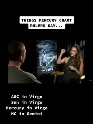 The cover image shows a still from an interview, with two people in the frame, against a dark background. One is a man seen from the back, and the second one is a woman smiling and gesturing. There is a poster with Paul Walker in the movie "Hours" on the middle left of the image. Text overlays the image with the phrase "THINGS MERCURY CHART RULERS SAY..." along with astrological signs. Bottom of the image displays the astrological positioning of the Mercury planet.