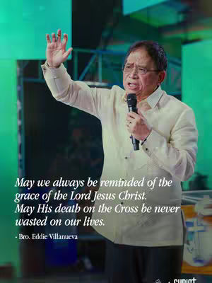 The cover image shows a man speaking into a microphone with one arm raised, in front of a stage setup. Text is overlaid emphasizing faith and gratitude.