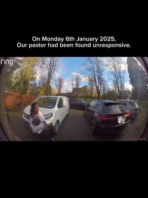 The cover image shows a real-time view from a security camera, specifically a Ring camera, capturing a moment on a residential street. In the foreground, a woman is seen holding a person, likely a child, next to a white van. Various cars are parked in front of a house with a green lawn and leafy trees in the background. The time and date are displayed at the top.