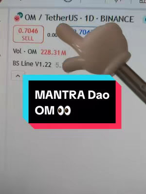 The cover image displays a cryptocurrency trading screen with the text overlayed that says MANTRA Dao and OM, and the value of the cryptocurrency is 0.7046. A digitally rendered hand is pointing at the screen.