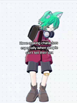 A 3D animated character with green hair and cat ears stands looking down in a pose. The character wears a red coat, black shorts, and boots. Text overlayed says "I love making characters especially when people can't tell their sex".