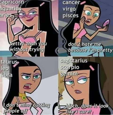 A split image featuring four quadrants, each showcasing a different expression and text based on zodiac signs. The style resembles a cartoon, with a dark-haired female character in varying poses.