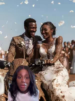 The cover image shows a candid moment from a wedding. A joyful bride and groom are on a vehicle, covered in mud, laughing and celebrating. The background is filled with people, emphasizing the celebratory atmosphere. The creator of the video is overlaid on the bottom of the image. White confetti is floating in the air.