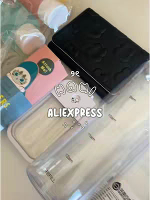 The cover image shows an assortment of items, possibly from an online purchase, laid out on a white surface. The items include a water bottle, a black covered notebook, and some pink and blue stationary. Added text overlays, with a logo and phrases related to Aliexpress. The color palette is muted, with soft pinks and neutrals