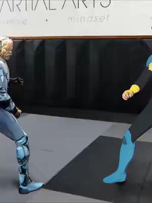 The image shows a scene from the animated show Invincible featuring two characters in a martial arts setting. One character, on the left, is a light-skinned man in partially visible armor, posed as though bracing for a fight. The other character, on the right, is wearing a blue and black suit. They are also in a battle stance. The setting appears to be a training room or a dojo, suggested by the backdrop.