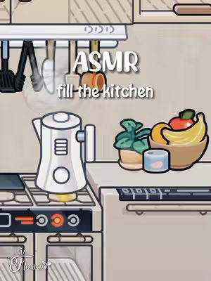 A cartoon-style kitchen scene with appliances and food items laid out. The foreground shows a stove with a kettle on top. To the right, a wooden counter displays a bowl of fruit, plants, and a small container. The background hints at a kitchen hood with hanging utensils.