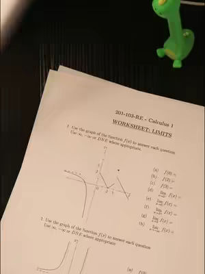 The image shows a close-up of a worksheet titled 'Calculus 1 Worksheet: Limits,' which is placed on what appears to be a dark wooden surface. The worksheet has questions with mathematical equations and graphs. A small green toy dinosaur is perched on one corner, adding a playful contrast to the academic setting.