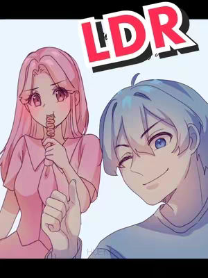 An anime-style illustration of a couple. A woman with pink hair is holding a lollipop, while a man with blue hair is smiling and winking. The text overlay "LDR" is in the upper right corner.