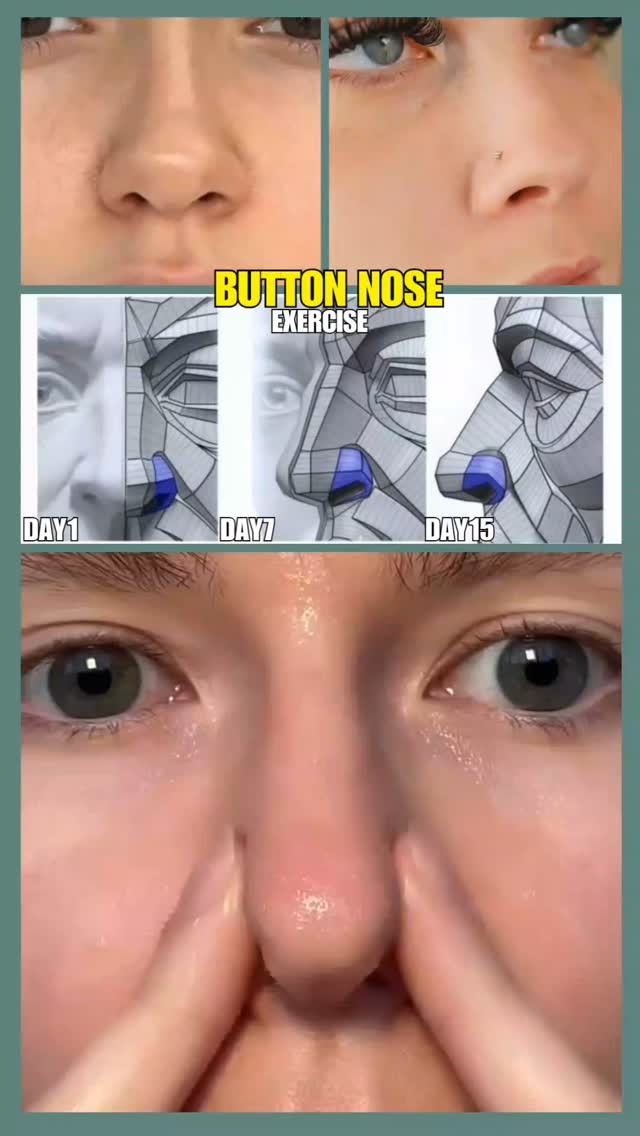 The image is a vertical collage focusing on a woman's face and nose. The top section shows two close-up views of her face, specifically highlighting her nose. Below this are three grayscale diagrams illustrating a nose shape transformation from 'Day 1' to 'Day 15,' with blue highlights on the nose structure. At the bottom, a close-up of the woman's eyes and nose is featured, with her fingers gently touching her nose as if performing an exercise. The background is a muted green.