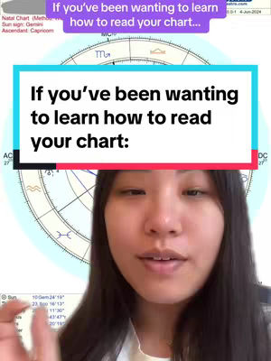 A woman with dark hair looks at the camera with a chart visible in the background, and text overlays including a pink background. The text asks how to read your chart.