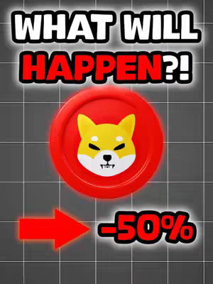 The cover image features a red coin with the Shiba Inu dog logo in the center. Above the coin, the text 'WHAT WILL HAPPEN?!' is displayed in large, bold white letters with a black outline. The question mark also uses a black outline. Below the coin, a large red arrow points left towards the text '-50%' in a black outlined white font. The background is a gradient of gray with a grid pattern.