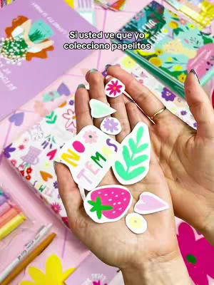 The cover image features a close-up view of a person's hands holding various colorful stickers. The stickers include a strawberry, leaves, flowers, and a banner with text. The background includes notebooks, pens, and floral decorations, all in a soft, pastel color palette.