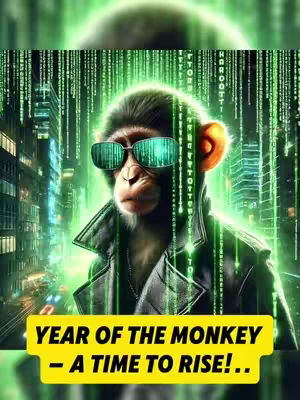 A digitally created image featuring a monkey wearing sunglasses in a futuristic cityscape, with text overlayed.