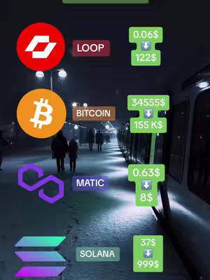 A cover image showing a snowy train station at night, with the train on the right. Various cryptocurrency logos and price indicators are overlaid. People are walking in the background.