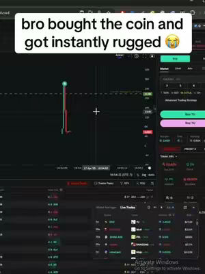 The image shows the interface of a trading software with a text overlay. The background is a dark interface with white text and colored buttons. A candlestick chart showing a dramatic price drop is visible in the center. Overlay text in a white rectangular box at the top states: 'bro bought the coin and got instantly rugged' with a crying face emoji. The layout is centered on the price chart, with additional software details and trading options to the right and bottom of the chart. The text and chart are the main focus, with attention to the emotional reaction to a crypto market drop.
