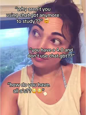 A woman with her hair up in a bun and wearing a white tank top looks off to the side, seemingly in thought. Text overlays in white bubbles questions her about studying without chat gpt, in a scene framed by background windows.