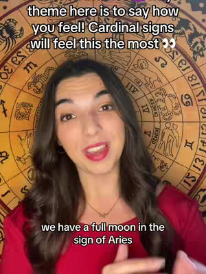 A woman with long, dark hair and red lipstick smiles, set against a background that appears to be a celestial zodiac chart. Text overlays include a hook about a full moon and its astrological effects.