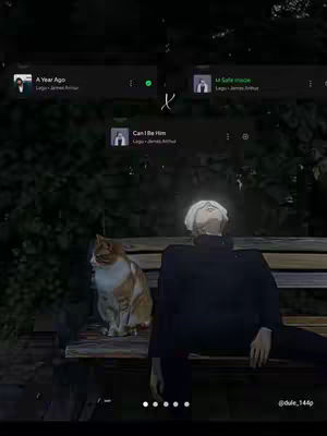 The cover features a person with white hair sitting on a bench with a cat. Above them are three music app displays, and the background is dark with foliage.