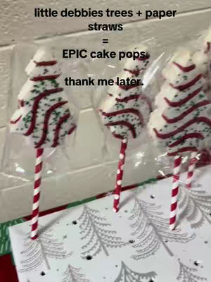 The cover image shows several Little Debbie Christmas tree cakes on red and white striped straws. They have white frosting with red lines and green sprinkles. The cakes are in front of a countertop with a printed Christmas tree pattern. The background has a white brick wall.