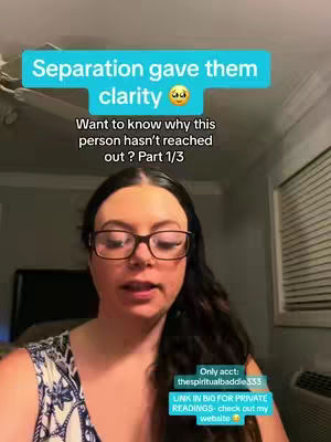 A woman with dark hair and glasses looks directly at the camera. Text overlays in blue over a teal background. In the bottom corner is another text overlay in blue.