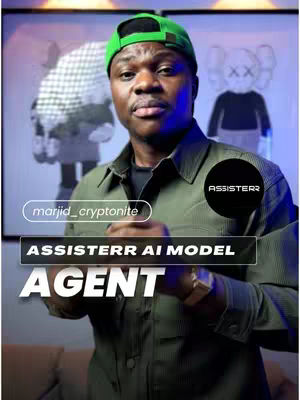 A man wearing a green cap and olive-green button-up shirt appears in front of two framed artwork. Overlay text in a stylized bar displays the phrase 'ASSISTERR AI MODEL AGENT'. A circular logo indicates the name 'ASSISTERR' over the man's shoulder, and a nameplate displays 'marjid_cryptonite'. The man is looking to the camera.