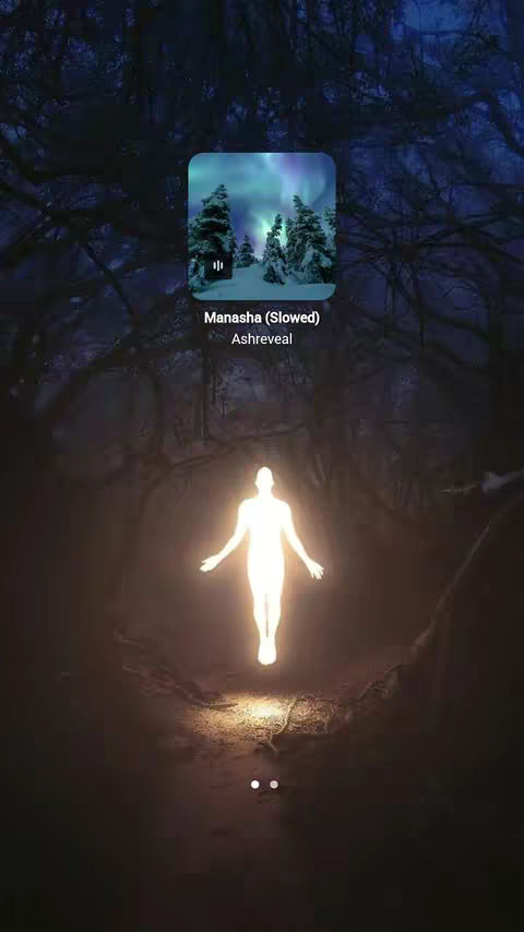 A digital artwork showing a figure of light in the middle, arms outstretched, against a dark, atmospheric background, with a music player icon on upper-left.