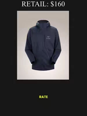 A product shot features a navy blue hooded jacket against a light, neutral backdrop. The jacket is centrally positioned, and the image is framed within a larger black border. White text appears at the top.