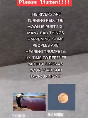 The cover image is a vertical layout with a gray background and text overlay. The text appears to be a warning about the end times, presenting a series of events and a call to repentance. Included are two smaller images: one of a red river and the other of a golden moon.