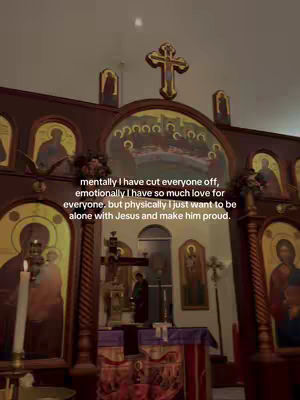 The image captures the interior of a church, with a main focus on the altar and a large cross. The lighting is dim, and the color palette is dominated by dark browns and golds, creating a reverent atmosphere. A person appears to be looking. Text overlays add a personal reflection to the scene.