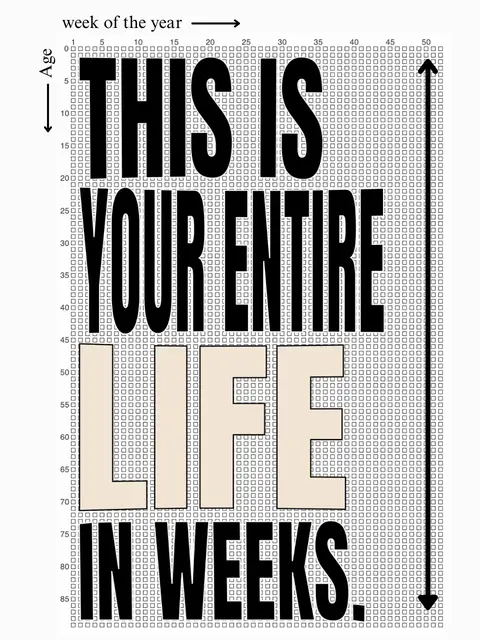 A graphic with a grid background. It has a black arrow and the words 'Age' and 'week of the year' on either side of the grid indicating the time frame. Large bold text, in black at the top and middle, and beige in the center, that reads 'THIS IS YOUR ENTIRE LIFE IN WEEKS'.