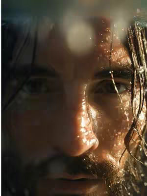 A close-up shot of a man wearing long hair with a beard looks directly at the camera. Water droplets are visible on his face, eyes, hair creating a sense of drama and intensity. The lighting appears to be coming from above and adding to the dramatic atmosphere of the scene.