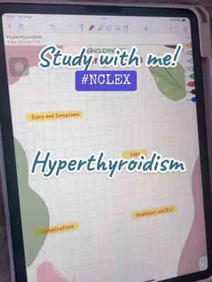 An iPad screen displaying handwritten notes about hyperthyroidism. The layout includes a title, bullet points with associated keywords, and colorful highlighting.