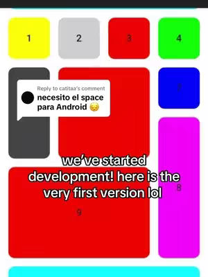 An image displaying an app interface, likely representing some design or development project. The layout consists of colored rectangular boxes, each possibly representing a different function or element of the app. Overlaid on the image is a comment bubble containing text in Spanish, indicating a request for space in the Android version of the app. Additional text announces the start of development.