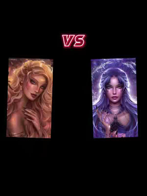 The image is a split composition showcasing two fantastical female figures set against a black backdrop. On the left, a woman with blonde hair and fair skin is depicted; on the right, a woman with purple hair and skin. A 'VS' text overlay, in a red, glowing font, sits centrally between the images. The women are set against a dark background and are styled in fantasy art. The overall composition is designed to catch the eye, using contrasting colors and bold layout to present the characters and their implied relationship.