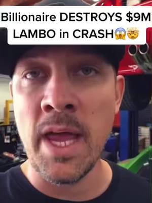 A man with a hat is the main subject. Text overlayed at the top says "Billionaire DESTROYS $9M LAMBO in CRASH" in a white font. The man appears to be looking towards the upper left of the frame with his mouth open.
