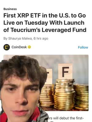 The cover image has a young man with brown hair, the front of his face is in the foreground, over a screenshot of a news article about XRP and a stack of coins.