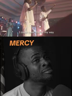 The image is split in two sections. The top half shows a live performance by gospel singers. The bottom half focuses on a close-up shot of the creator who is a black male. He has headphones on, a beard, and is looking up while tearing up. The word 'MERCY' is displayed in large orange letters above his head.