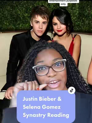 The cover features a woman in glasses in the foreground, with a blurred background of Justin Bieber and Selena Gomez. A blue text box reads "Justin Bieber & Selena Gomez Synastry Reading".